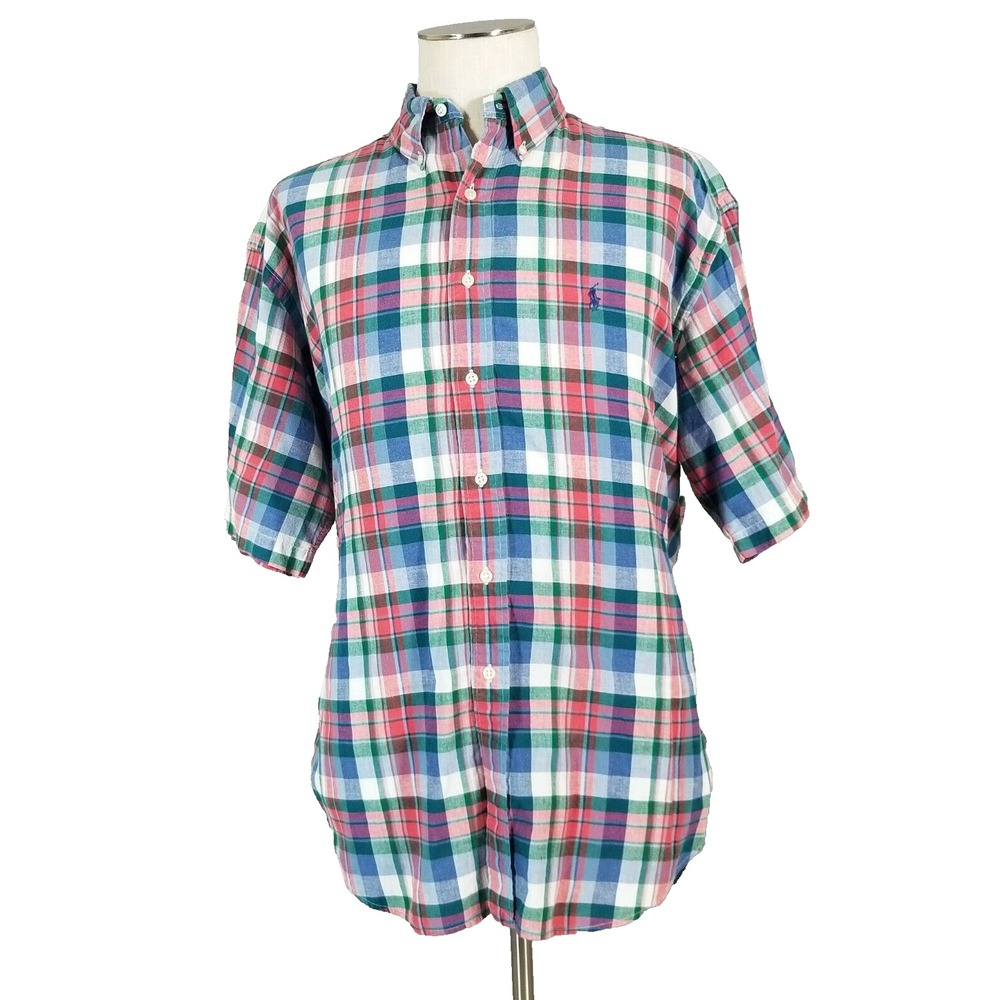 Ralph Lauren Blake shirt men's large blue plaid button down short sleeve cotton